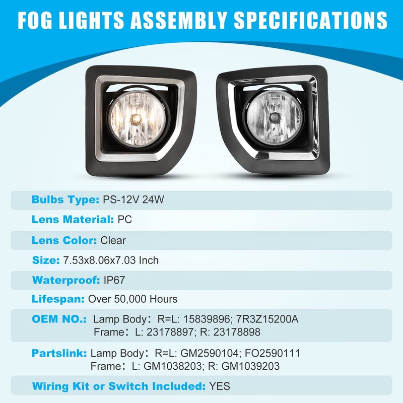 CPW OEM Fog Lights Assembly Fit for GMC Sierra 2500HD/3500HD 2015 2016 2017 2018 2019, Driver & Passenger Driving w/PS Halogen Bulbs + Wiring Harness (Black Housing Clear Lens) - Image 5
